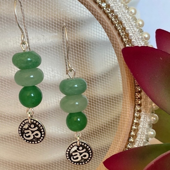 DANGLE Earrings Green Aventurine Quartz Earrings and Om Charms - Picture 1 of 12